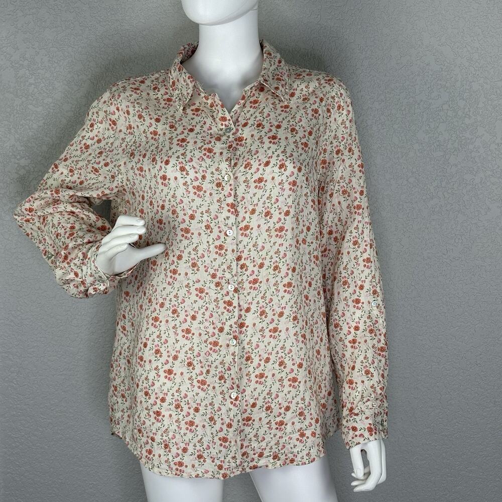 Cynthia Rowley 100% Linen Button Up Shirt Ditsy Floral Cottagecore Romantic Sz L